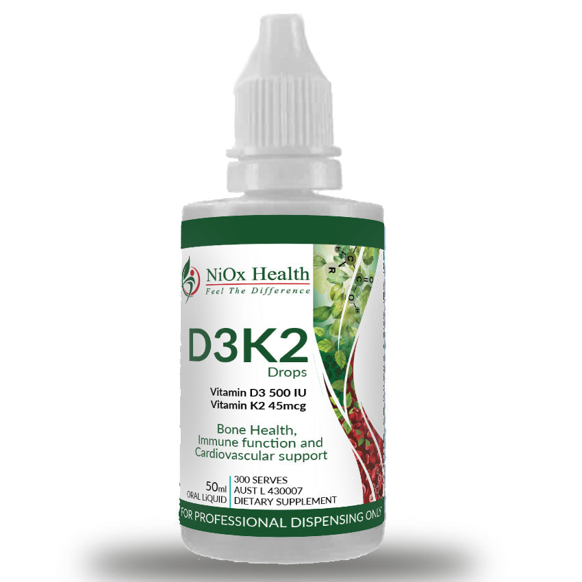 Vitamin D3 and Vitamin K2 liquid drops with healthy lifestyle items promoting bone health and everyday wellbeing.