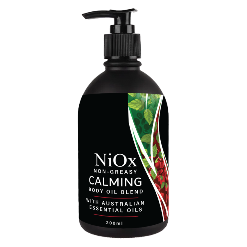 Niox non greasy Calming Body Oil Blend with Australian essential oils. 200ml Matt Black bottle with black lockable pump.  bottle is wrapped in a label with blood flow image indicating natural ingredients in healthy blood cells.