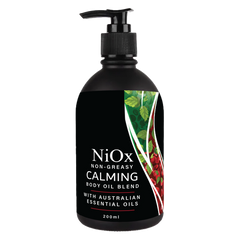 Niox non greasy Calming Body Oil Blend with Australian essential oils. 200ml Matt Black bottle with black lockable pump.  bottle is wrapped in a label with blood flow image indicating natural ingredients in healthy blood cells.
